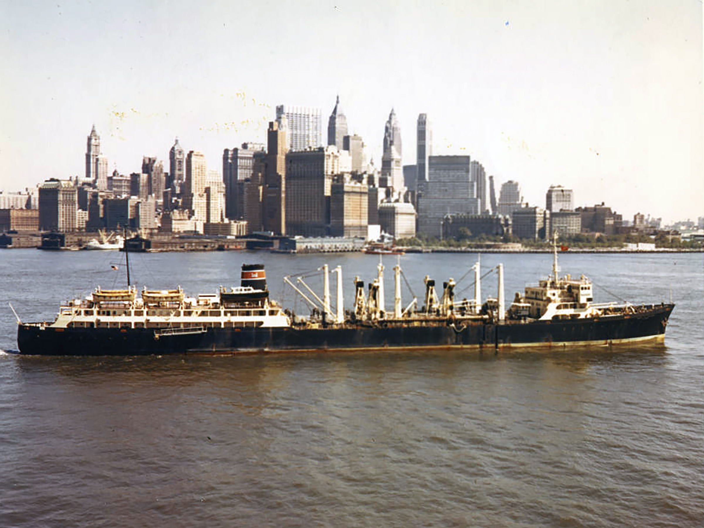 side view of a large ship in New York Harbor